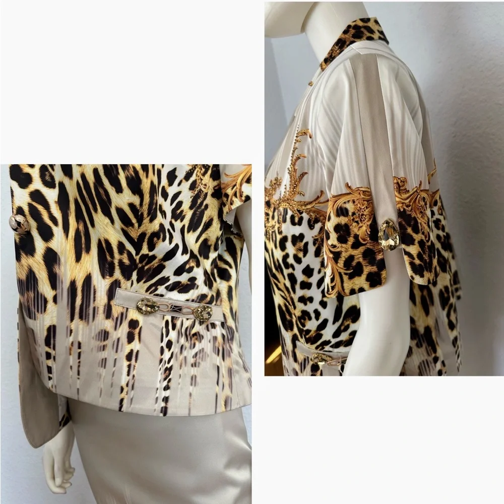 POLEN POE‎ SATIN SKIRT SUIT SET JACKET/SKIRT ANIMAL PRINT SHORT SLEEVES FORMAL